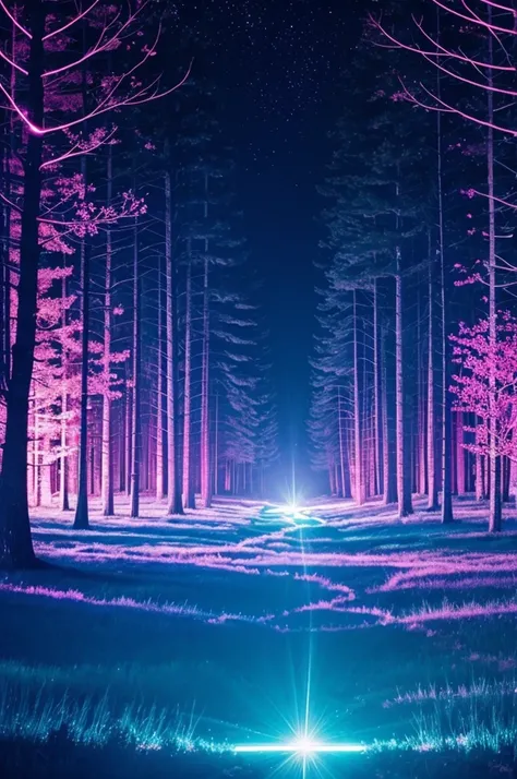 Cover for a song, a forest with phosphorescent blue and pink lights and realistic pink and blue flames. Written in a phosphorescent light pink and blue the word "Shattered Mirror". With the credits in white "by moonxtrax"