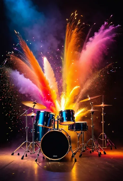 drummer on stage, (best image quality，4K,8k，HD，Meisterwerk:1.2)，Super detailliert，(lebensecht，lebensecht，lebensecht:1.37)。Kreative Tapetengestaltung，extremely beautiful，Buntes Konfetti explodiert wie Feuerwerk，（（（Schlagzeuger，Buntes Konfetti spritzt aus de...