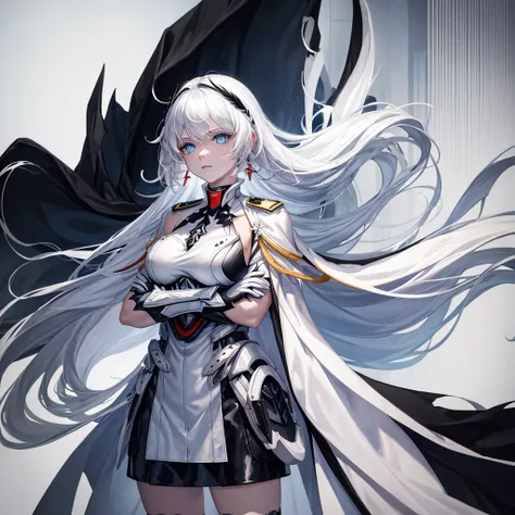 White hair, blue eyes, beautiful female, black military uniform, white leather clothing, white cape, black leather clothing, black gloves, crossed arms