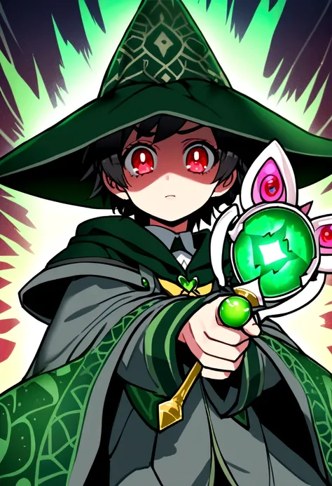 a magical girl with healing powers, red eyes, short black hair like a boy, wearing a black and green magical academic uniform with a wizards hat and a large wand in her hand, wearing a cool black magic robe with green patterns, psychopet, sadist, cruel, be...