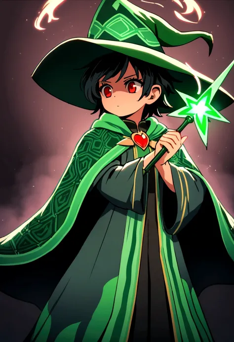 a magical girl with healing powers, red eyes, short black hair like a boy, wearing a black and green magical academic uniform with a wizards hat and a large wand in her hand, wearing a cool black magic robe with green patterns, psychopet, sadist, cruel, be...