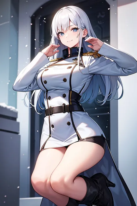 content:
an anime woman in a military uniform. she has light blue eyes, white hair that ends halfway down her back, and knee-hig...