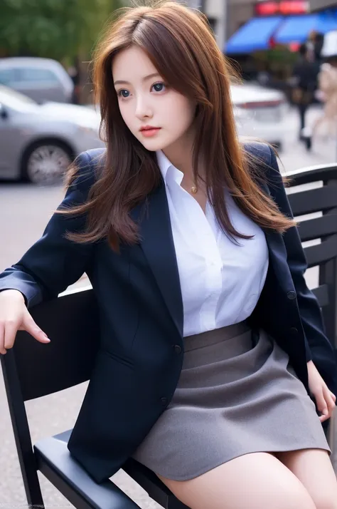 the prettiest face of a 19 year old actress, perfect proportions of female body, blazer is worn on dress shirt, exposed vagina of female crotch between legs, sitting on the chair, short skirt is worn without panties, in the city, nsfw, best quality, highly...