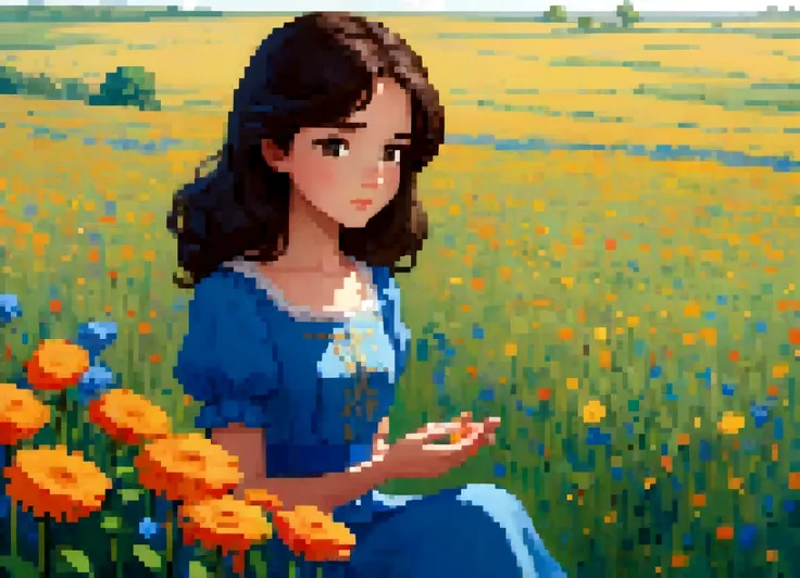 A girl with dark brown hair, brown eyes, blue dress, sitting in a field full of flowers, looking at a flower that she holds in her hands. cartoon-like style: Madeline