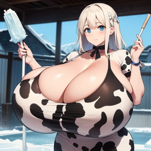 tareme,25 years old,(((gigantic breasts)),cow dress,Open chest,((covered by spilled milk)),((hold white ice stick between her own breasts)),extremely thick white ice stick