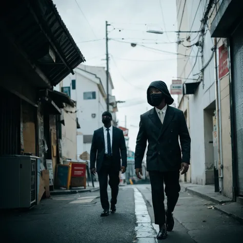 (Cinematic Aesthetic:1.4) Photo of a black man  walking with black mask