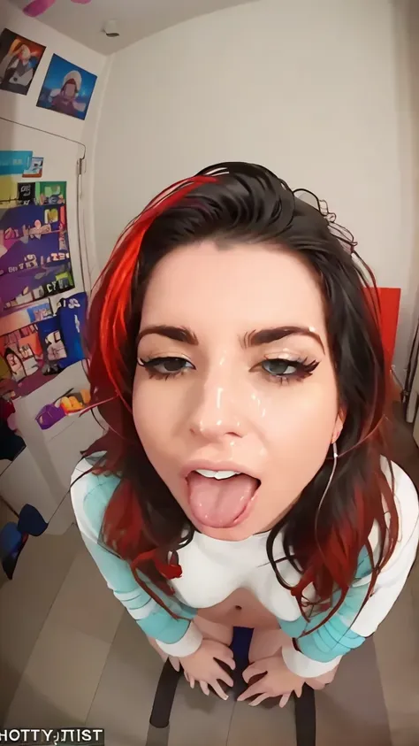 Horty, in her room, angry, , looking at the camera , , ,nude ,  , cum on face ,close up , mouth open, tongue out, eyes closed 