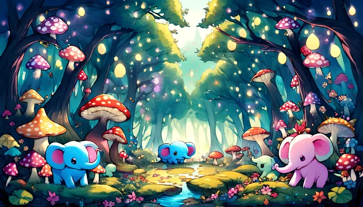 Whimsical little elephant、 A fairytale scene set in an enchanted forest, The forest floor is dotted with vibrant mushrooms.、Forest creatures decorate the trees with twinkling lights々It is decorated with.