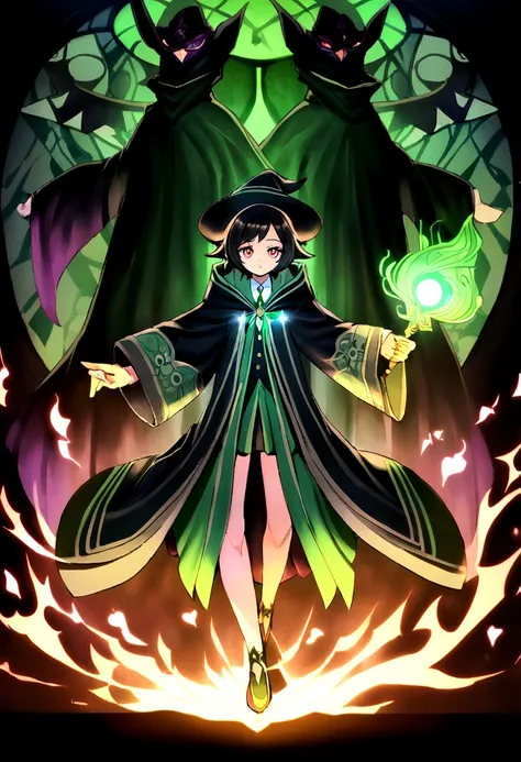 a magical girl with healing powers, maroon eyes but cynical and sharp , short black hair like a boy, wearing a black and green magical academic uniform with a wizards hat and a large wand in her hand, wearing a cool black magic robe with green patterns, ba...