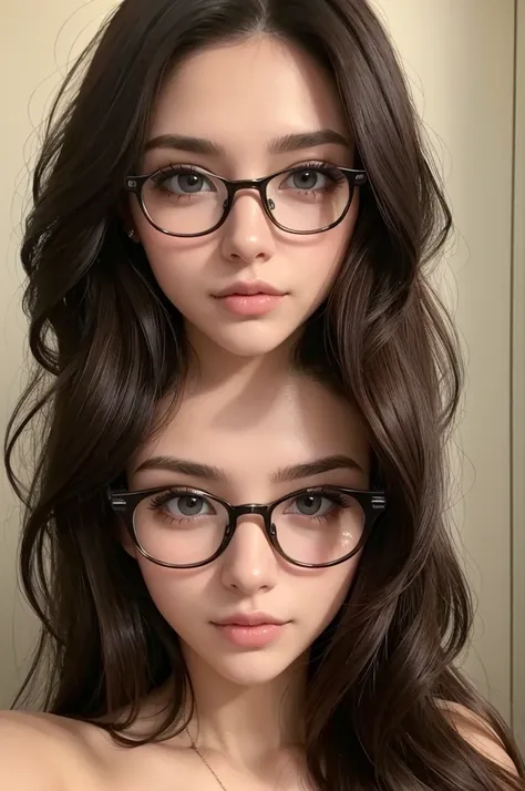 ((best quality)), ((masterpiece)), (detailed), perfect face uma mulher de 20 anos, cabelos longos, Dark brown hair color Wears prescription glasses 