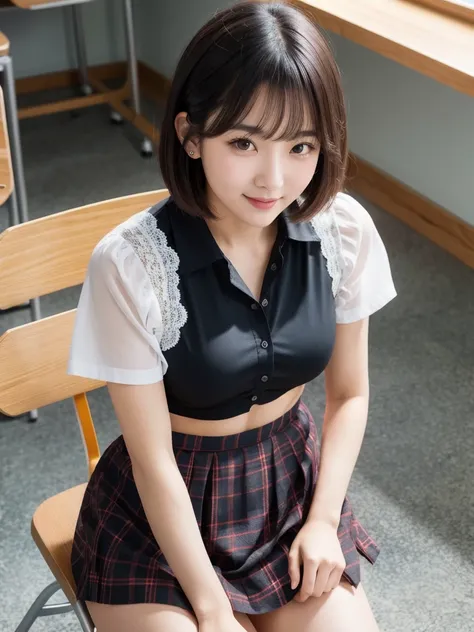 (8k, Photorealistic, Raw photo, Highest quality: 1.4),Japanese idol-style beautiful girl,1 person,17 years old,Hairstyle(Short Bob,Black),(My hair is disheveled and messy),She has her hair tucked behind her ears,Large, clear grey eyes,Long eyelashes,Flushe...