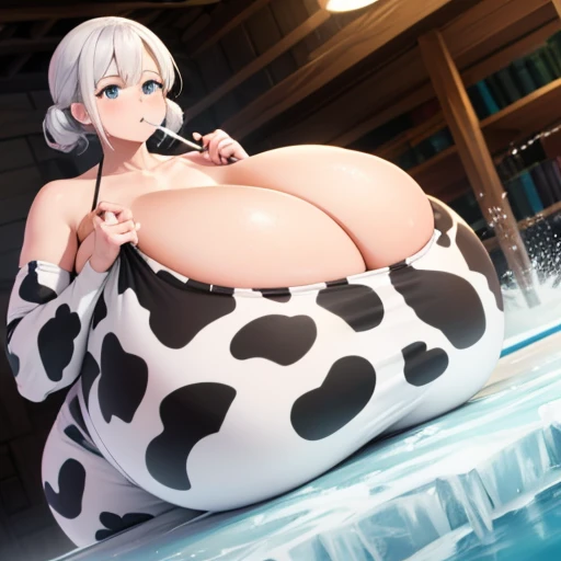 tareme,25 years old,(((gigantic breasts)),cow dress,Open chest,((covered by spilled milk)),((hold white ice stick between her own breasts)),extremely thick white ice stick