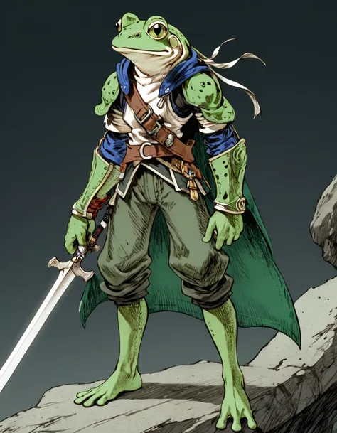 (sketch art, concept art:1.4),(masterpiece rough sketch drawing), best quality, solo closeup, standing frog warrior, green skin, green eyes, medieval sailor outfit, sword (Akihiko Yoshida Style), high contrast, space theme, grunge, punk rock, waterfall 