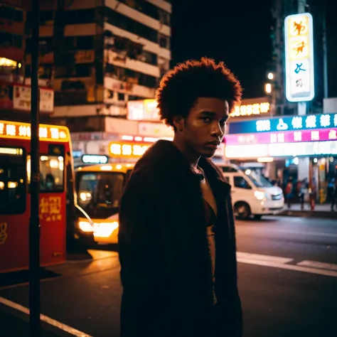 (Cinematic Aesthetic:1.4) Photo of a black man with afro in hong kong at night