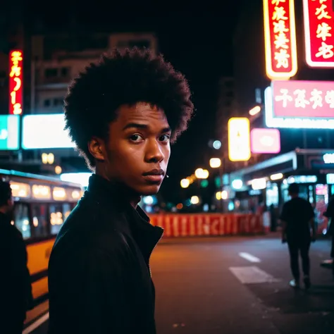 (Cinematic Aesthetic:1.4) Photo of a black man with afro in hong kong at night