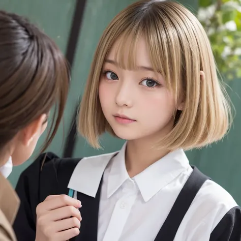 Japanese Girls、Blonde、Hairline is black、Bobcut、wearing student uniform,Blushing、School、One person