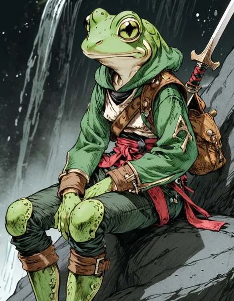 (sketch art, concept art:1.4),(masterpiece rough sketch drawing), best quality, solo closeup, sitting, frog rogue, green skin, green eyes, medieval sailor outfit, sword (Akihiko Yoshida Style), high contrast, space theme, grunge, punk rock, waterfall