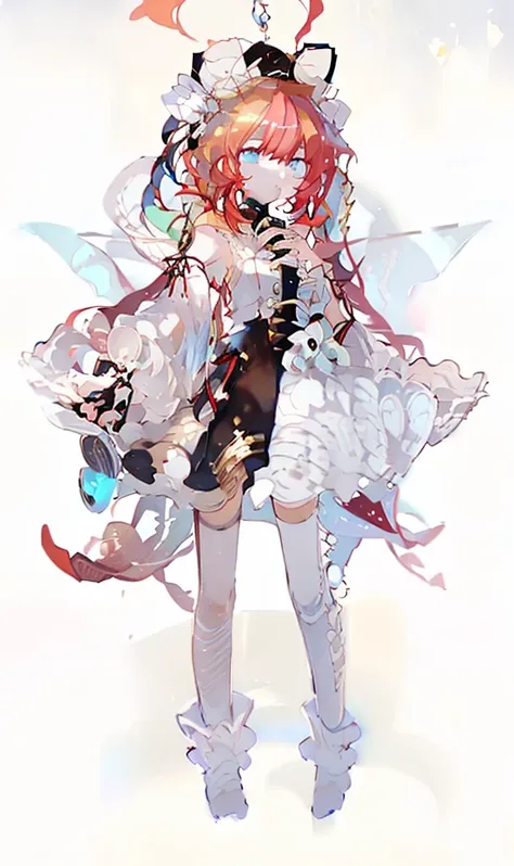 a girl，whole body，standing picture，character design，red hair，apple，complex headdress，complex clothes，long hair，double tail