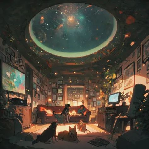 ((anime:1.4,illustration)),(masterpiece, top quality, best quality),(ultra-detailed, absolutely resolution),((16k, high res)), (((Interior, small living room, planetarium on the whole ceiling, boy and dog looking up)) ((cosy lofi illustration:1.4)), ((anim...