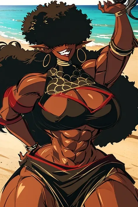 no eyes hair covering eyes(masterpiece, best quality:1.2),1 girl, voluptuous body, full body, masterpiece, dominant pose, good anatomy, no extra limbs, big ass, thick thighs, black hair, voluminous afro, pointy ears, gold earrings, black top with red detai...