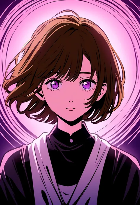 Anime girl with brown hair and purple eyes drawn in the art style of the chainsaw man anime