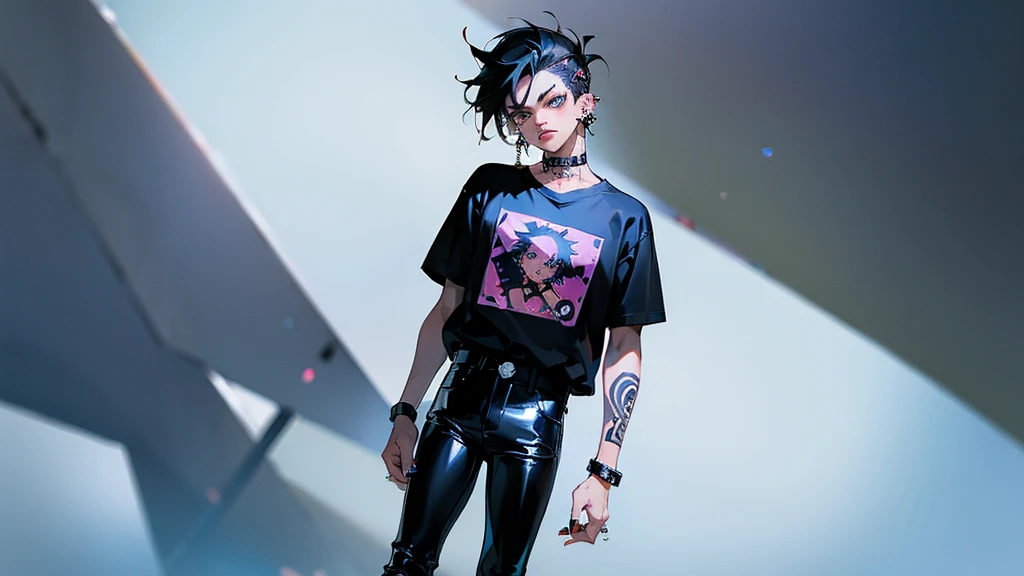 (((masterpiece,Highest quality))),((Black-haired anime boy wearing punk rock t-shirt and patent leather pants)),((Has multiple ear piercings)),((Has two lip piercings)),(Glaring),Standing alone in the middle of the city,anime,