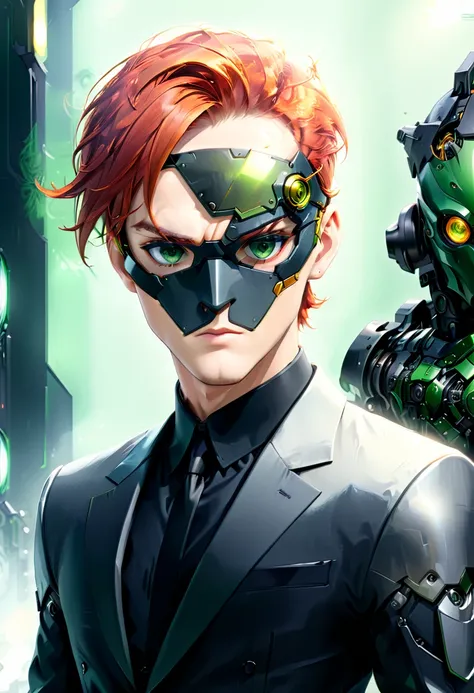 Arafed a picture of a human male spy, wearing dark suit, wearing ((mecha eye patch)), ((eye patch covering only one eye: 1.5)) , exquisite beautiful male, red hair, short crop hair, green eyes, eye patch has intricate mechanical part in it, high society ga...