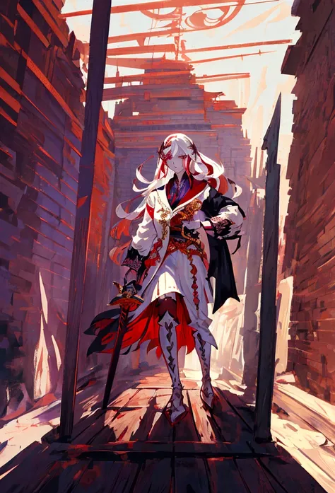 a woman with white hair and red streaks, neutral facial expression, detailed red eyes, holding a large ornate purple sword, detailed eyes, extremely detailed sword, cinematic dramatic lighting, fantasy, concept art
