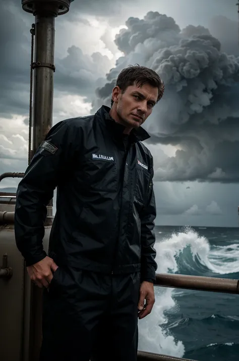 a man standing on a ship, facing turbulent weather.the storm brewing infront of him. On the back of his boiler suit a name is written  the name Anglo Eastern."
And he is facing the sea