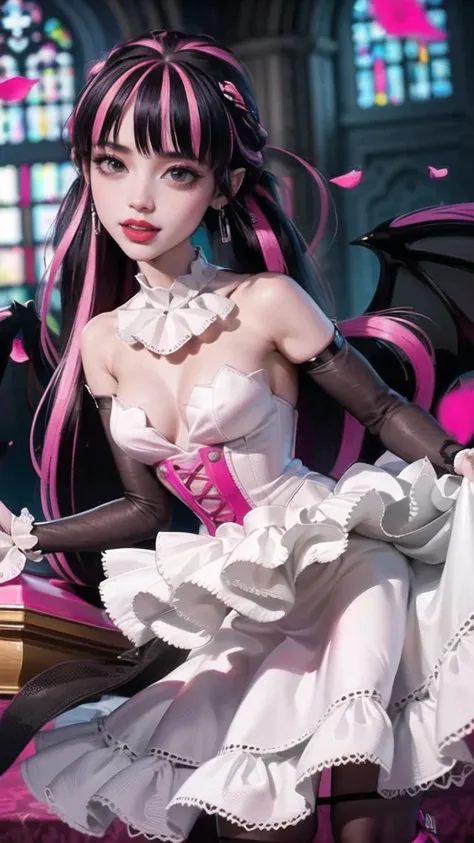 ((high quality)), ((Work of art)), (more detail), 1girl, succubus, centered, a girl with a bat wings, wedding dress, award winning upper body portrait, cowboy shot, Draculaura_MH, solo, black half hair, pink half hair, multicolored hair, long hair, wave ha...