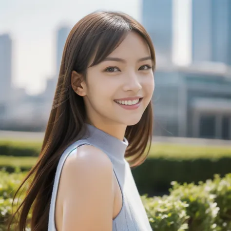 The face of a hostess、British high neck sleeveless knit、High quality、Ultra-realistic、fine、Smiling face、Slim perfect figure、Japanese beauty、 Perfect Eyes、Radiant Skin、Business city background