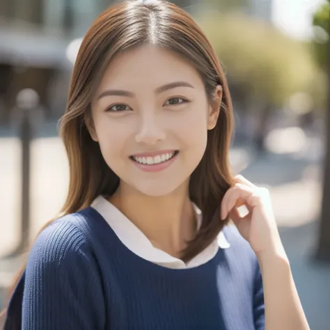 The face of a hostess、British high neck sleeveless knit、High quality、Ultra-realistic、fine、Smiling face、Slim perfect figure、Japanese beauty、 Perfect Eyes、Radiant Skin、Business city background