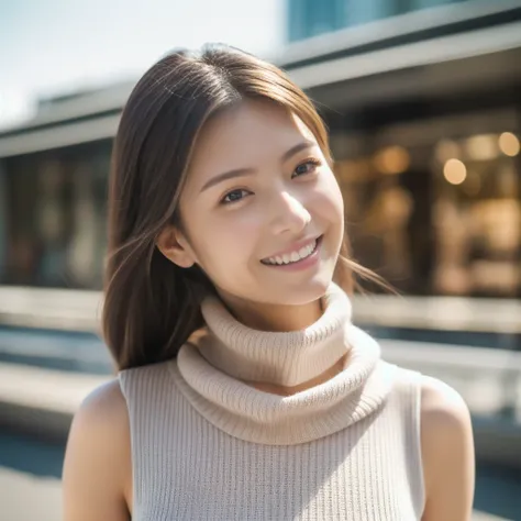 The face of a hostess、British high neck sleeveless knit、High quality、Ultra-realistic、fine、Smiling face、Slim perfect figure、Japanese beauty、 Perfect Eyes、Radiant Skin、Business city background