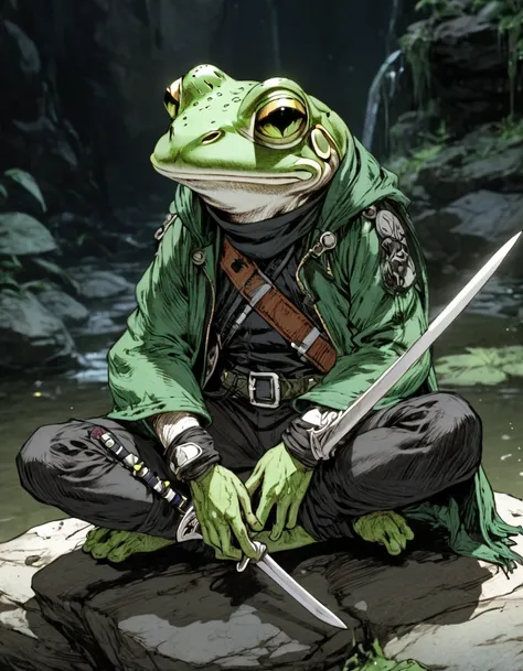 (sketch art, concept art:1.4),(masterpiece rough sketch drawing), best quality, solo closeup, meditating frog rogue, green skin, green eyes, dark outfit, sword (Akihiko Yoshida Style), high contrast, space theme, grunge, punk rock, waterfall