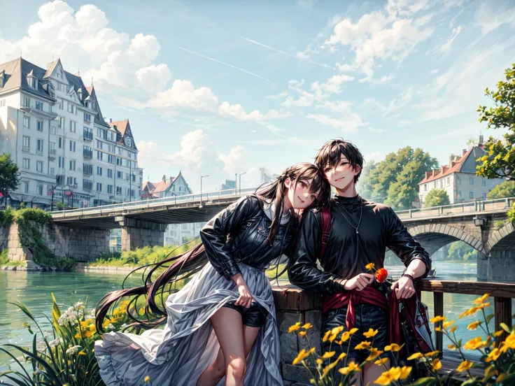 ((best quality)), ((masterpiece)), (detailed), perfect face,Create a charming, heartwarming scene of a cute girl and a cute boy walking hand-in-hand along a riverbank. The girl has long, wavy hair and is wearing a light, summery dress, while the boy has sh...