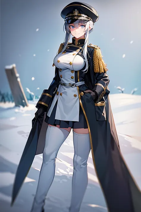 content:
an anime woman in a military uniform. she has light blue eyes, white hair that ends halfway down her back, and knee-hig...