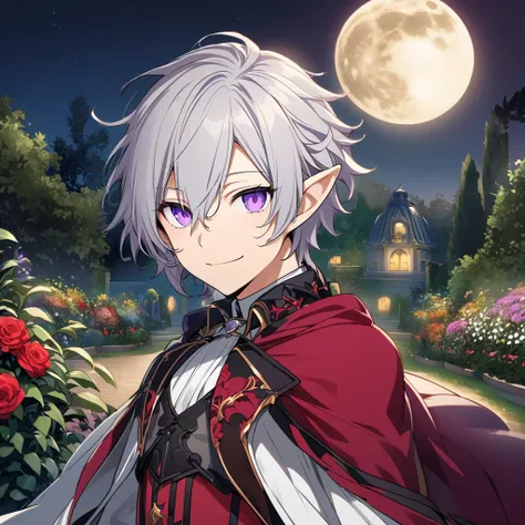 Aether (AKB0048 Next Stage), (short hair), (light gray hair), (bright eyes), (purple eyes):1.2, (Vampire), noble costume, smiling gently, cape, ((ultra-detailed)), ((illustration)), ((neat hair)), ((pointy ears)), (beautiful detailed eyes), (male), 1boy, (...