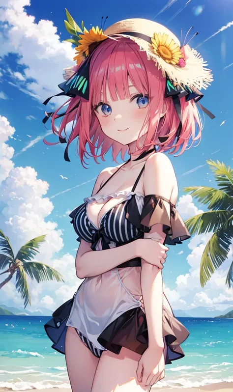 Nino Nakano is a character that appears in the anime "The Quintessential Quintuplets" 「The background is a sunny day at the sandy beach...」The eyes of this character are blue. My hairstyle is a bob cut with shockingpink color. This character is wearing a b...