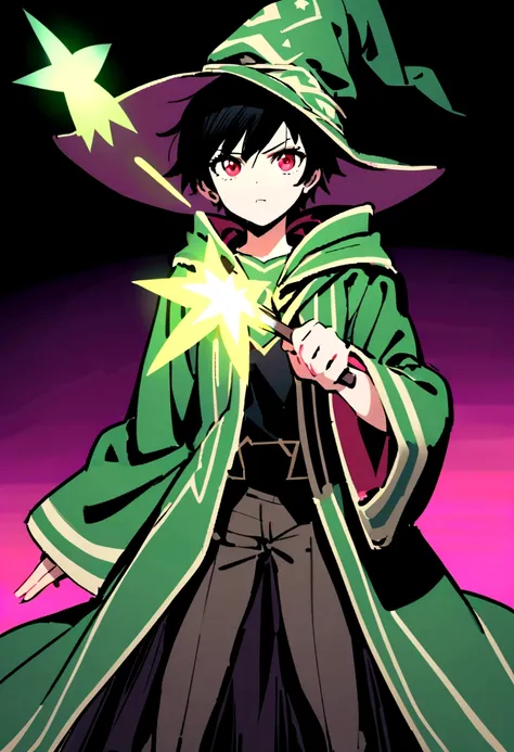 a magical girl with healing powers, red eyes, short black hair like a boy, wearing a black and green magical academic uniform with a wizards hat and a large wand in her hand, wearing a cool black magic robe with green patterns, wear pants, short hair like ...