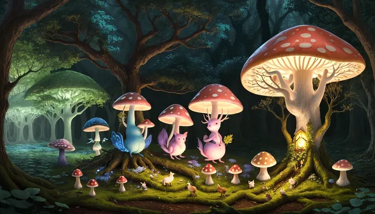 Whimsical, A fairytale scene set in an enchanted forest, The forest floor is dotted with vibrant mushrooms.、Forest creatures decorate the trees with twinkling lights々It is decorated with.