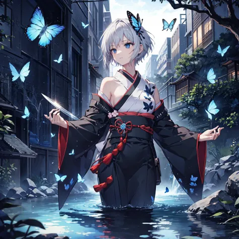 (((1 person)))　((High resolution　Gray Hair　short hair　Black kimono　Shoulder))　((Black Band　military commander　Lonely　despair　blue eyes))　((Blue Butterfly　night　Japanese style　old　Shining Aura　garden　water surface))　(dance　日本knife　knife　Slashing)　moon　star　...