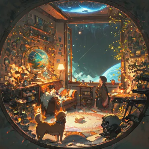 ((anime:1.4,illustration)),(masterpiece, top quality, best quality),(ultra-detailed, absolutely resolution),((16k, high res)), (((Interior, small living room, planetarium on the whole ceiling, boy and dog looking up)) ((cosy lofi illustration:1.4)), ((anim...