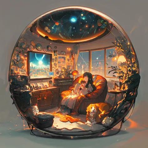 ((anime:1.4,illustration)),(masterpiece, top quality, best quality),(ultra-detailed, absolutely resolution),((16k, high res)), (((Interior, small living room, planetarium on the whole ceiling, boy and dog looking up)) ((cosy lofi illustration:1.4)), ((anim...