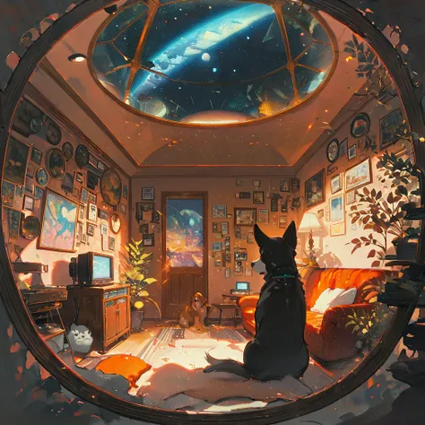 ((anime:1.4,illustration)),(masterpiece, top quality, best quality),(ultra-detailed, absolutely resolution),((16k, high res)), (((Interior, small living room, planetarium on the whole ceiling, boy and dog looking up)) ((cosy lofi illustration:1.4)), ((anim...