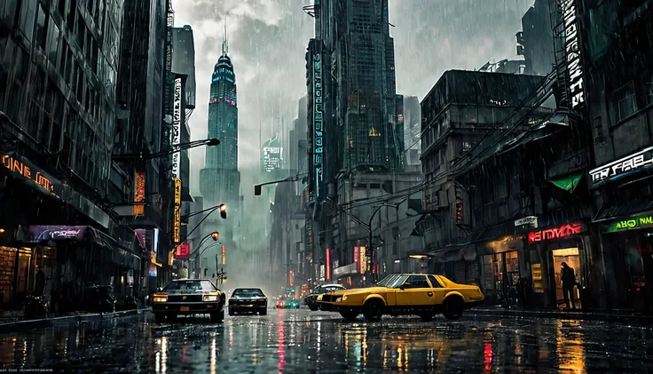 (Blade Runner movie poster), with Harrison Ford, imposing gloomy skyscrapers and a rainy and gloomy atmosphere." image noir, futuristic image very detailed image, sharp focus, studio photography, xf iq 4, 1 5 0 0 0 0 mp , 5 0 mm, iso 2 0 0, 1/1 6 0 s, real...