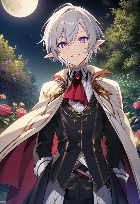 Aether (AKB0048 Next Stage), (short hair), (light gray hair), (bright eyes), (purple eyes):1.2, (Vampire), noble costume, smiling gently, cape, ((ultra-detailed)), ((illustration)), ((neat hair)), ((pointy ears)), (beautiful detailed eyes), (male), 1boy, (...