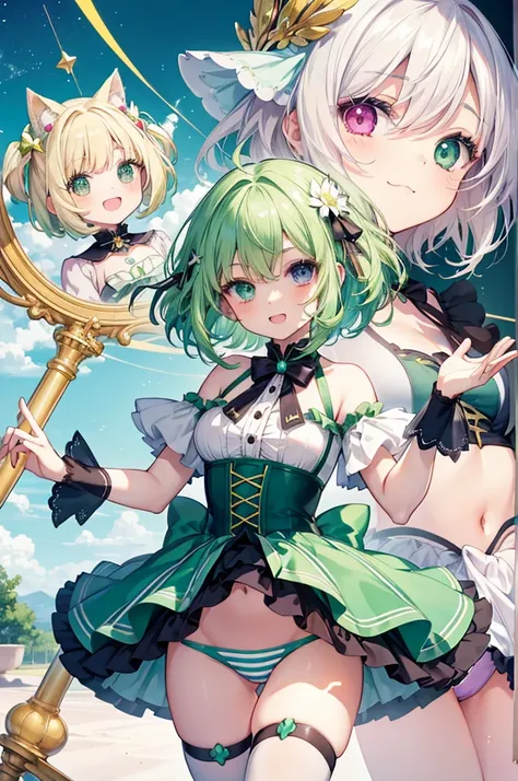 ,huge ,Laughing with your mouth open,Short green hair,striped panties,,Magical Girl Costume,hair ornaments,Heterochromia iridis,Blue and green eyes,Best image quality,Highest quality