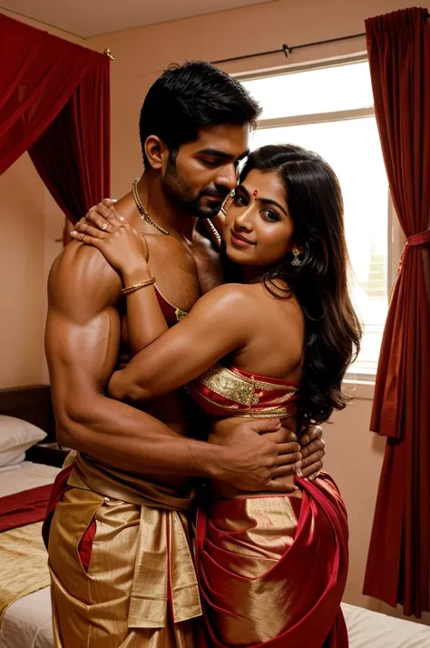 A muscular man hugging a girl in saree, innocent girl, bedroom, honeymoon,