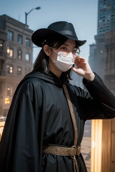 (masterpiece, best illustration,) medieval, beak mask, black robe, city background, doctor, masked, one person, clear, fine motor, wearing hat with brim, glasses, can&#39;t see eyes, hands parked crow