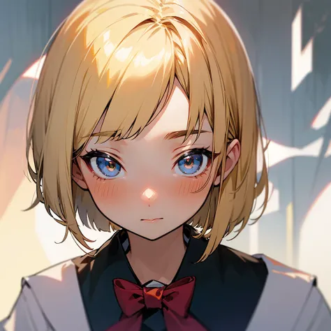 Japanese Girls、blonde、Black hairline、Bobcut、wearing student uniform,Blushing、School、One person